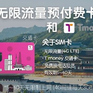【韓國】LGU+二合一卡|無限流量4G SIM卡+Tmoney交通卡|3-60天|仁川金浦金海機場領取